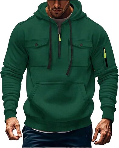 Men's Fashion Hoodies & Sweatshirts Quarter-Zip Drawstring Hooded Shirts Causal Long Sleeve Tactical Cargo Pullover in Saudi Arabia