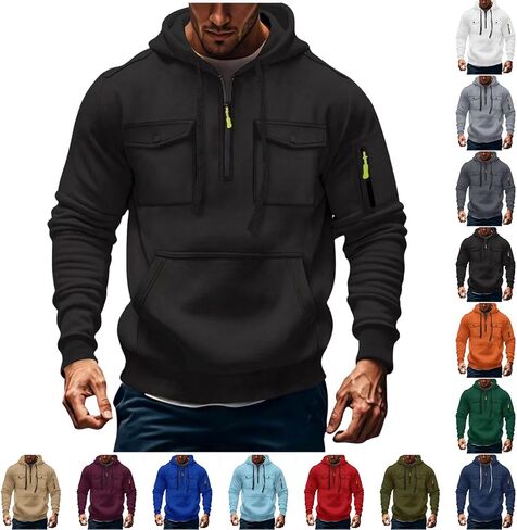 Men's Fashion Hoodies & Sweatshirts Quarter-Zip Drawstring Hooded Shirts Causal Long Sleeve Tactical Cargo Pullover in Saudi Arabia