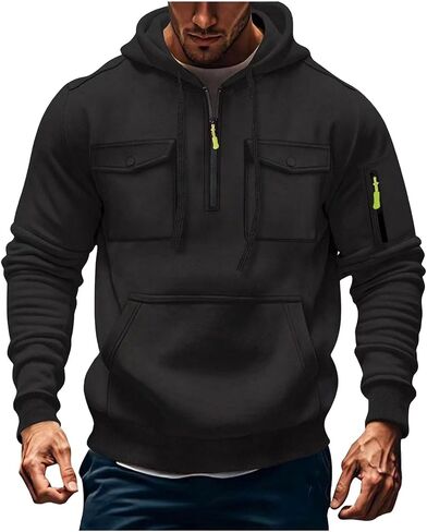 Men's Fashion Hoodies & Sweatshirts Quarter-Zip Drawstring Hooded Shirts Causal Long Sleeve Tactical Cargo Pullover in Saudi Arabia