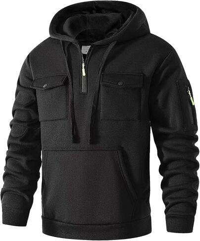 Men's Fashion Hoodies & Sweatshirts Quarter-Zip Drawstring Hooded Shirts Causal Long Sleeve Tactical Cargo Pullover in Saudi Arabia