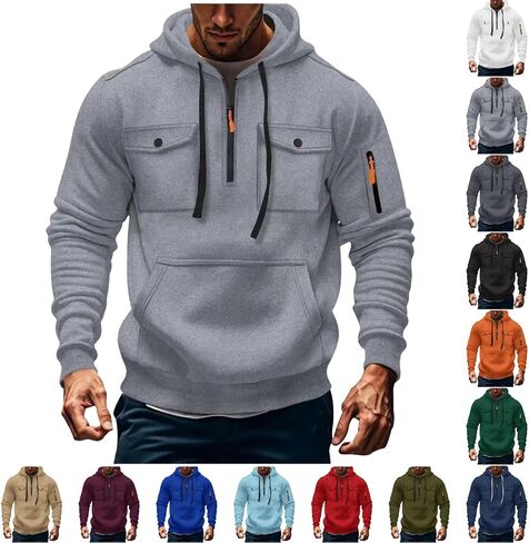 Men's Fashion Hoodies & Sweatshirts Quarter-Zip Drawstring Hooded Shirts Causal Long Sleeve Tactical Cargo Pullover in Saudi Arabia