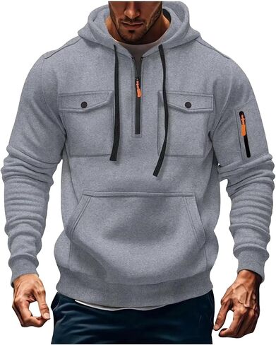 Men's Fashion Hoodies & Sweatshirts Quarter-Zip Drawstring Hooded Shirts Causal Long Sleeve Tactical Cargo Pullover in Saudi Arabia