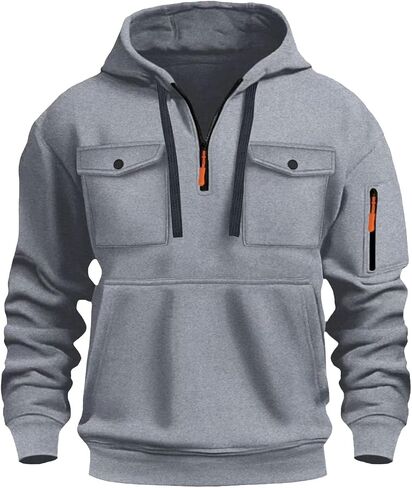 Men's Fashion Hoodies & Sweatshirts Quarter-Zip Drawstring Hooded Shirts Causal Long Sleeve Tactical Cargo Pullover in Saudi Arabia