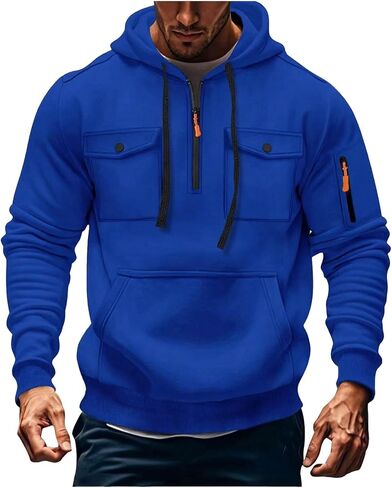 Men's Fashion Hoodies & Sweatshirts Quarter-Zip Drawstring Hooded Shirts Causal Long Sleeve Tactical Cargo Pullover in Saudi Arabia