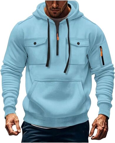 Men's Fashion Hoodies & Sweatshirts Quarter-Zip Drawstring Hooded Shirts Causal Long Sleeve Tactical Cargo Pullover in Saudi Arabia