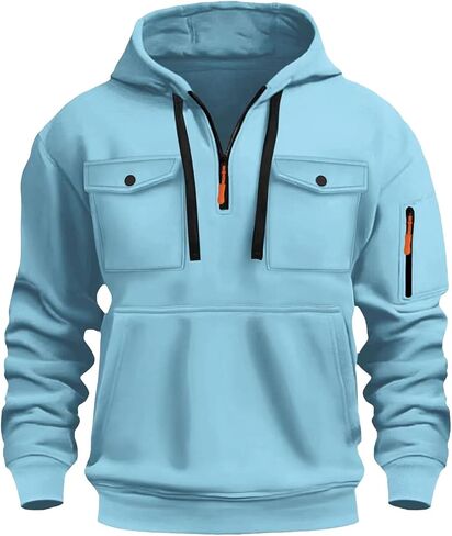 Men's Fashion Hoodies & Sweatshirts Quarter-Zip Drawstring Hooded Shirts Causal Long Sleeve Tactical Cargo Pullover in Saudi Arabia