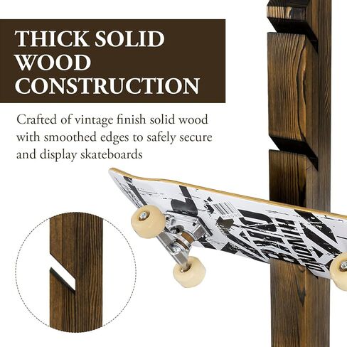 MyGift Modern Wall Mounted Rustic Burnt Solid Wood Skateboard Display Rack, Hanging Longboard Storage Organizer with Diagonal Cutout Slots, Holds 6 Boards in Saudi Arabia