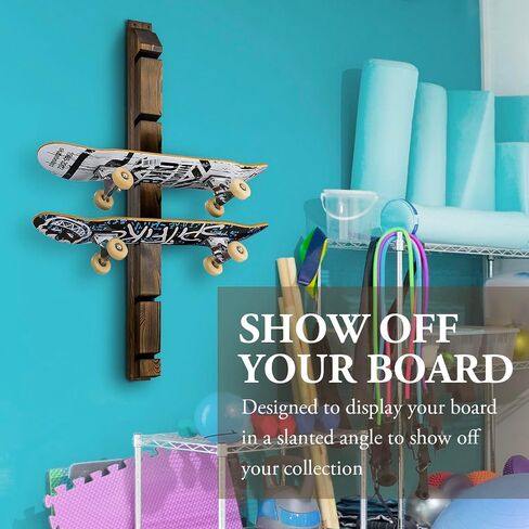 MyGift Modern Wall Mounted Rustic Burnt Solid Wood Skateboard Display Rack, Hanging Longboard Storage Organizer with Diagonal Cutout Slots, Holds 6 Boards in Saudi Arabia
