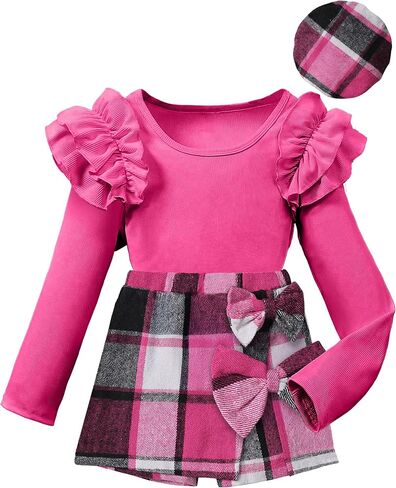 فتيات الملابس غلاف الأكمام تي شيرت أعلى و bowtie plaid skort مجموعة مع قبعة 3pcs الفتيات تسقط الملابس من 5 إلى 14 سنة in Kuwait