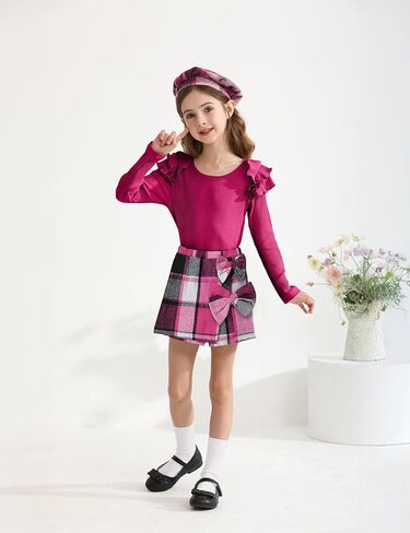فتيات الملابس غلاف الأكمام تي شيرت أعلى و bowtie plaid skort مجموعة مع قبعة 3pcs الفتيات تسقط الملابس من 5 إلى 14 سنة in Kuwait