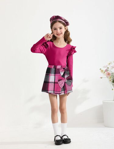 فتيات الملابس غلاف الأكمام تي شيرت أعلى و bowtie plaid skort مجموعة مع قبعة 3pcs الفتيات تسقط الملابس من 5 إلى 14 سنة in Kuwait