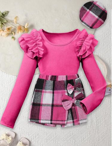 فتيات الملابس غلاف الأكمام تي شيرت أعلى و bowtie plaid skort مجموعة مع قبعة 3pcs الفتيات تسقط الملابس من 5 إلى 14 سنة in Kuwait