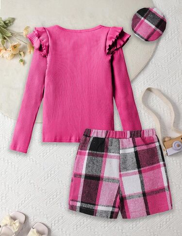فتيات الملابس غلاف الأكمام تي شيرت أعلى و bowtie plaid skort مجموعة مع قبعة 3pcs الفتيات تسقط الملابس من 5 إلى 14 سنة in Kuwait