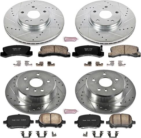 Power Stop K6782 الأمامية والخلفية Z23 ألياف الكربون الفرامل مع مجموعة دوارات الفرامل المحفورة والاحتفال لفريق لكزس RX300 1999-2001 [نموذج محدد] in Saudi Arabia