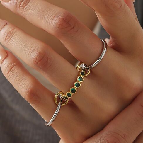 Stackable Rings for Women Interlocked Stackable Ring Gold Band With Emeralds Ring 18k Gold Plated Interlocked Stackable Ring for Women Gold And Silver Rings Engagement Gold Gift for Mother in Saudi Arabia