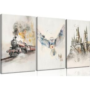 3pcs Magic Nursery Canvas wall art Express train Snowy owl Magic castle Painting Wall Decor Neutral watercolor Poster Print Artwork for Kid Baby Nursery Home Decoration in Saudi Arabia