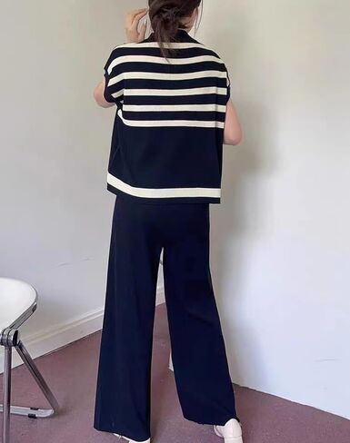 Lucrosun Women's Sweater Sets 2 Piece Sets Striped Knit Pullover Top Wide Leg Pants in Kuwait