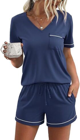 Litherday Womens Pajama Sets Short Sleeve Pajamas Soft Pjs Sleepwear V Neck Tops & Shorts with Pockets S-2XL in Kuwait