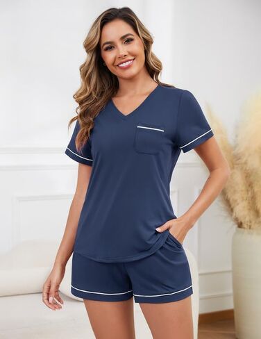 Litherday Womens Pajama Sets Short Sleeve Pajamas Soft Pjs Sleepwear V Neck Tops & Shorts with Pockets S-2XL in Kuwait
