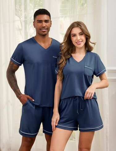Litherday Womens Pajama Sets Short Sleeve Pajamas Soft Pjs Sleepwear V Neck Tops & Shorts with Pockets S-2XL in Kuwait