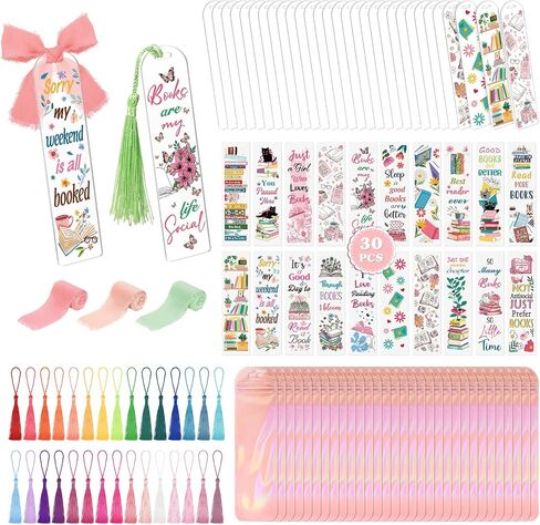 83PCS Bookmark Making Kit, 20 Acrylic Bookmark Blanks(3mm Thick) with 20Pcs Book Lover UV DTF Sticker 20Pcs Tassels and 3 Rolls Chiffon Silk Ribbon, Clear Acrylic Bookmarks Set for DIY Crafts Gifts in Saudi Arabia