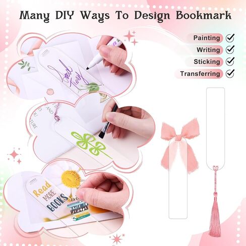 83PCS Bookmark Making Kit, 20 Acrylic Bookmark Blanks(3mm Thick) with 20Pcs Book Lover UV DTF Sticker 20Pcs Tassels and 3 Rolls Chiffon Silk Ribbon, Clear Acrylic Bookmarks Set for DIY Crafts Gifts in Saudi Arabia