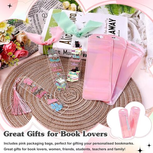 83PCS Bookmark Making Kit, 20 Acrylic Bookmark Blanks(3mm Thick) with 20Pcs Book Lover UV DTF Sticker 20Pcs Tassels and 3 Rolls Chiffon Silk Ribbon, Clear Acrylic Bookmarks Set for DIY Crafts Gifts in Saudi Arabia
