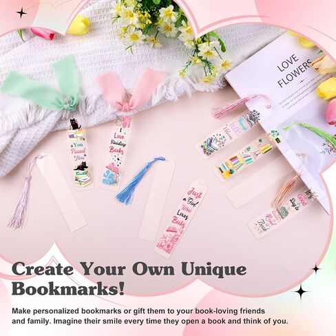 83PCS Bookmark Making Kit, 20 Acrylic Bookmark Blanks(3mm Thick) with 20Pcs Book Lover UV DTF Sticker 20Pcs Tassels and 3 Rolls Chiffon Silk Ribbon, Clear Acrylic Bookmarks Set for DIY Crafts Gifts in Saudi Arabia