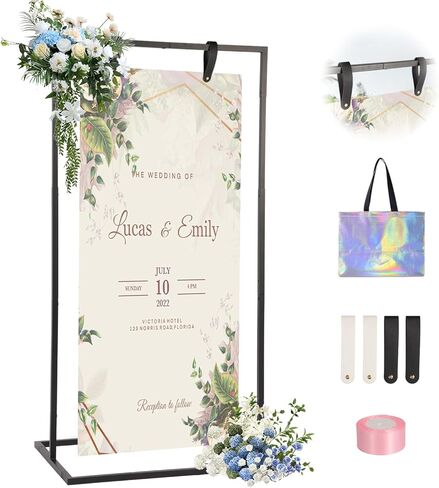 Wedding Welcome Sign Stand - 43" or 55" Heavy Duty Easel Stand for Sign with 4 Leather Strap, Welcome to Our Wedding Sign Holder Stand, Metal Floor Standing Easels for Signs, Poster (Black) in Kuwait