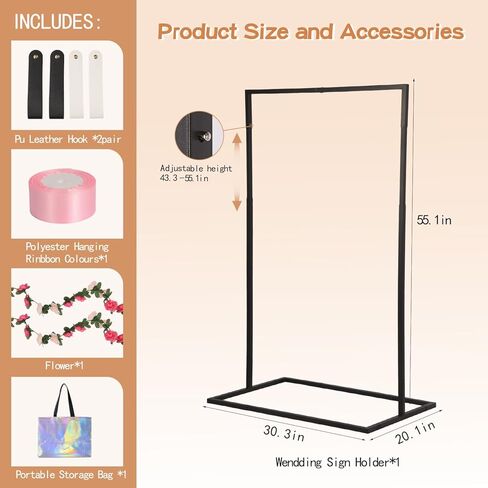 Wedding Welcome Sign Stand - 43" or 55" Heavy Duty Easel Stand for Sign with 4 Leather Strap, Welcome to Our Wedding Sign Holder Stand, Metal Floor Standing Easels for Signs, Poster (Black) in Kuwait