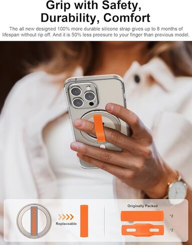 EWA MagOne 2nd Gen Phone Grip Stand with Replaceable Silicone Finger Strap, Removable Magnetic Ring Holder Kickstand Loop, Accessories for 15, 14, 13 Pro/Max/Plus in Kuwait