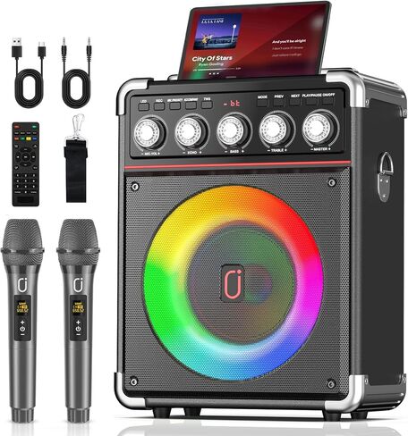 Karaoke Machine for Adults Kids, Portable Outdoor Bluetooth Speaker with 2 Wireless UHF Microphones Supports PA System,Remote Control, DJ Light, TF Card/USB/AUX/, TWS, Bass/Treble for Party TX05 in Kuwait