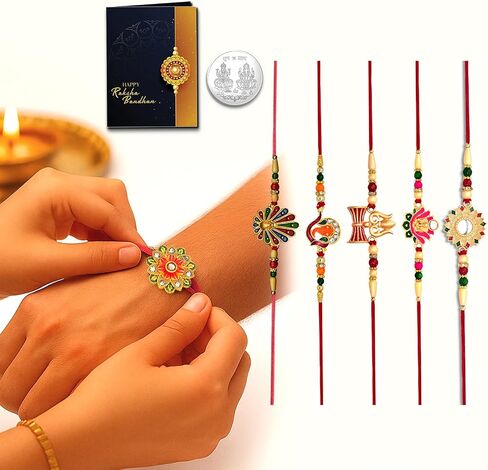 Periapt Golden Rakhi Thread Bracelets for Brother – Traditional Indian Festival Bands for Raksha Bandhan, Handmade Ethnic Rakhi Combo with Decorative Packaging in Kuwait