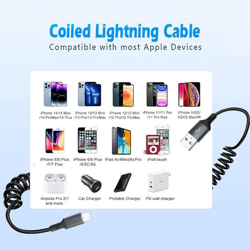 كابل Lightning ملفوف مكون من 3 قطع بطول 3.3 أقدام، [معتمد من MFi] سلك شحن سريع لشاحن iPhone، متوافق مع iPhone 14 13 12 11 Pro Max Mini XR XS 8 7 Plus SE iPad iPod in Kuwait