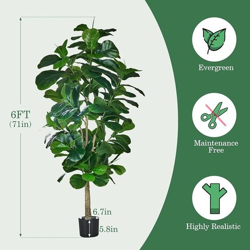 VECELO 6ft Artificial Fiddle Leaf Fig Tree, Tall Fake Ficus Plant with 150 Faux Leaves in Pot for Indoor, Outdoor, Living Room, Office, Garden, Corner Home Decor in Saudi Arabia
