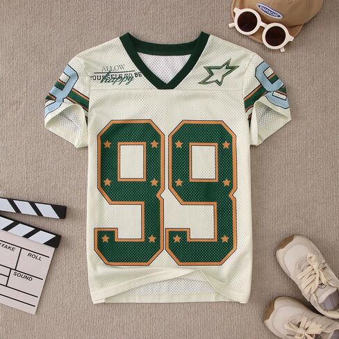 MODNTOGA Boy Girl Baseball Outfit 99 Star Graphic T-Shirt Be Happy Letter Print Short Sleeve Summer Tops V Neck Holiday Shirt in Saudi Arabia