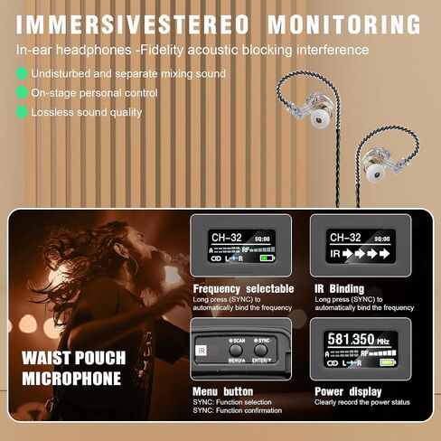 نظام مراقبة الأذن اللاسلكي، نظام IEM لاسلكي ثنائي القناة، UHF PLL 550-580 ميجا هرتز، مخرجات منفصلة، ​​نظام مراقبة مع نوع لاسلكي في سماعة الأذن يستخدم للمسرح والاستوديو، أسود in Saudi Arabia