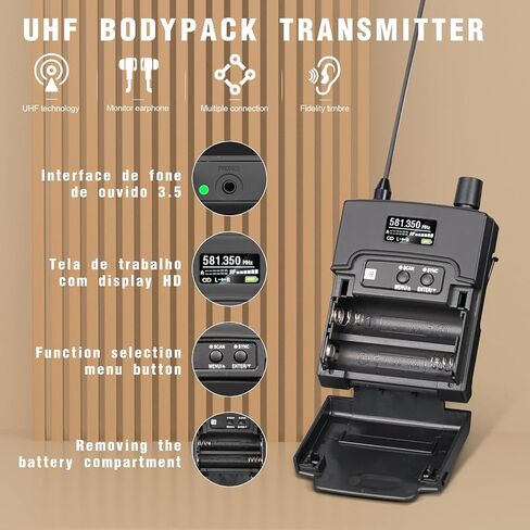 نظام مراقبة الأذن اللاسلكي، نظام IEM لاسلكي ثنائي القناة، UHF PLL 550-580 ميجا هرتز، مخرجات منفصلة، ​​نظام مراقبة مع نوع لاسلكي في سماعة الأذن يستخدم للمسرح والاستوديو، أسود in Saudi Arabia
