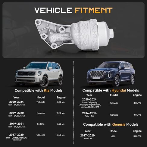 26300-3LAA0 مجموعة مرشح زيت الألومنيوم مجموعة مناسبة لـ Hyundai Genesis G80 2017-2020 ، Genesis 2016 ، Palisade 2020-2024 ، Kia Cadenza 2017-2020 ، Sedona 2019-2021 ، Sorento 2019-2020 ، Telluride 2019-2024 in Kuwait