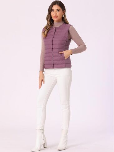 Allegra K Women's Puffer Vest Sleeveless Lightweight Button Up Quilted Round Neck Jacket Coat in Kuwait