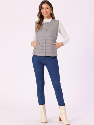 Allegra K Women's Puffer Vest Sleeveless Lightweight Button Up Quilted Round Neck Jacket Coat in Kuwait