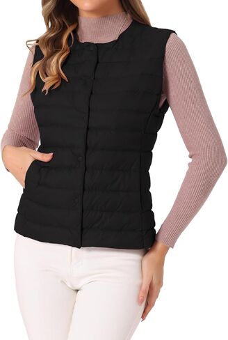 Allegra K Women's Puffer Vest Sleeveless Lightweight Button Up Quilted Round Neck Jacket Coat in Kuwait