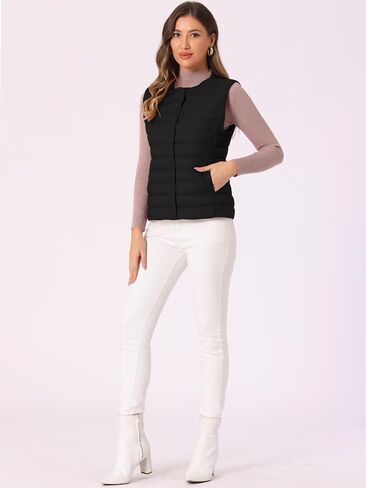 Allegra K Women's Puffer Vest Sleeveless Lightweight Button Up Quilted Round Neck Jacket Coat in Kuwait