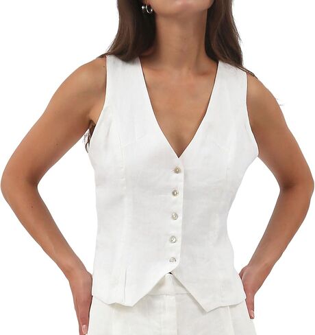 Amazhiyu Women's 100% Linen Sleeveless Button Down Waistcoat V Neck Crop Top Vest in Saudi Arabia