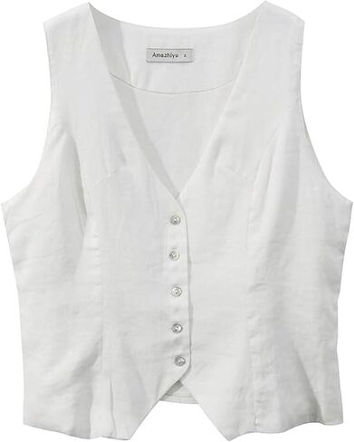 Amazhiyu Women's 100% Linen Sleeveless Button Down Waistcoat V Neck Crop Top Vest in Saudi Arabia
