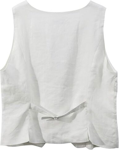 Amazhiyu Women's 100% Linen Sleeveless Button Down Waistcoat V Neck Crop Top Vest in Saudi Arabia