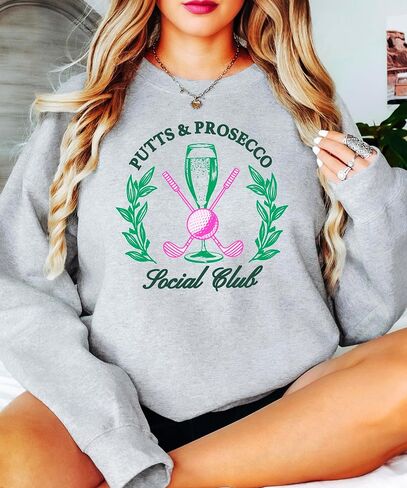 Olive Loves Apple Putts and Pros Social Club Sweatshirt for Women Preppy Golf and Wine Crewneck for Adults in Saudi Arabia