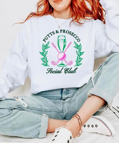 Olive Loves Apple Putts and Pros Social Club Sweatshirt for Women Preppy Golf and Wine Crewneck for Adults in Saudi Arabia