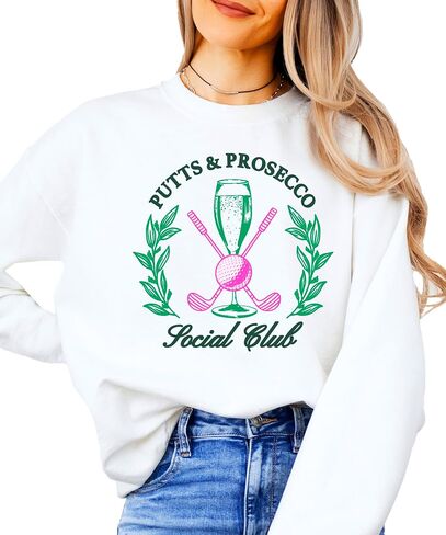 Olive Loves Apple Putts and Pros Social Club Sweatshirt for Women Preppy Golf and Wine Crewneck for Adults in Saudi Arabia