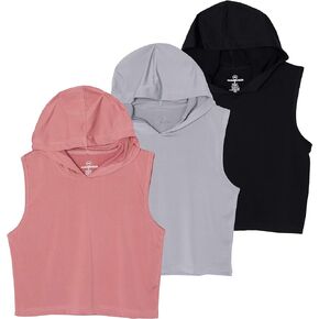 Real Essentials 3 Pack: Women's Dry-Fit Sleeveless Cropped Tank Top Hoodie - Athletic Crop Sweatshirt (Available in Plus)